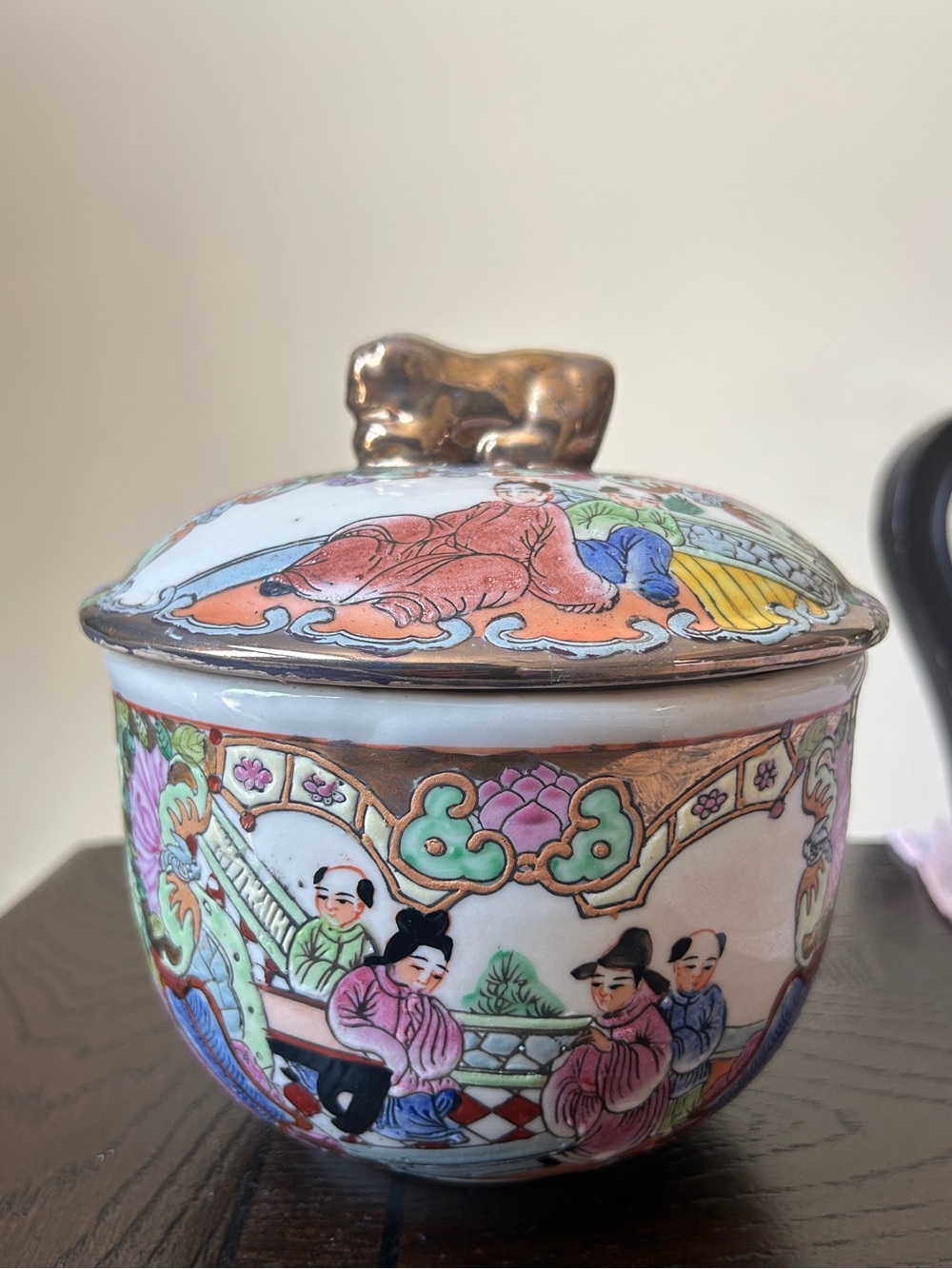 Vintage Famille Rose Lidded Jar, Chinoiserie Trinket Box with Foo Dog